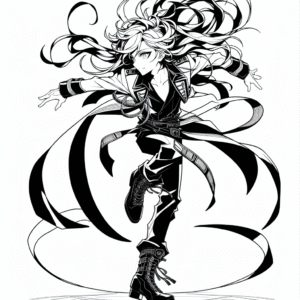 Coloring page of a manga character, fan spinning with hair flying