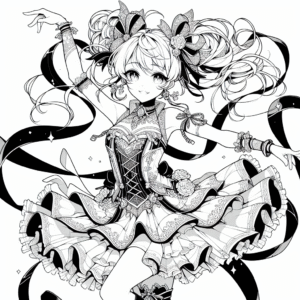 Coloring page of a manga character, idol twirling