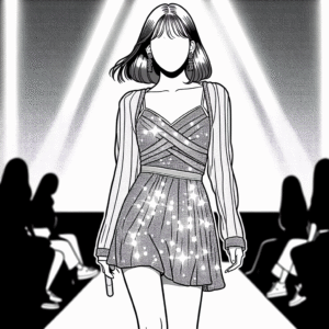 Coloring page of a manga character, idol walking down the stage runway