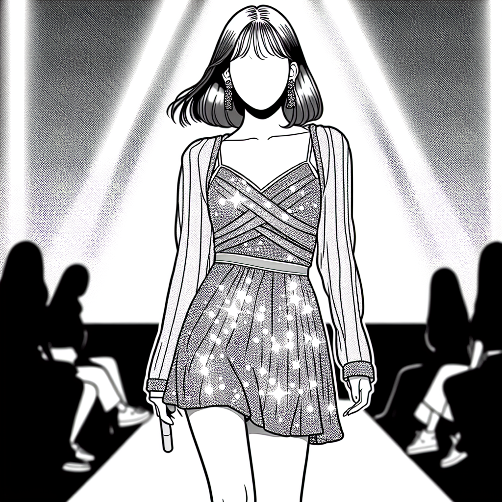 Coloring page of a manga character, idol walking down the stage runway