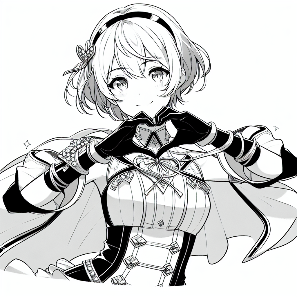 Coloring page of a manga character, leader making a heart with hands