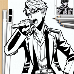 Coloring page of a manga character, leader singing
