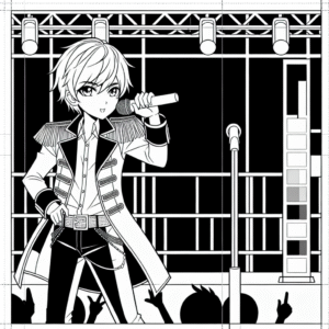 Coloring page of a manga character, performer holding a microphone