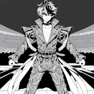 Coloring page of a manga character, performer posing on stage
