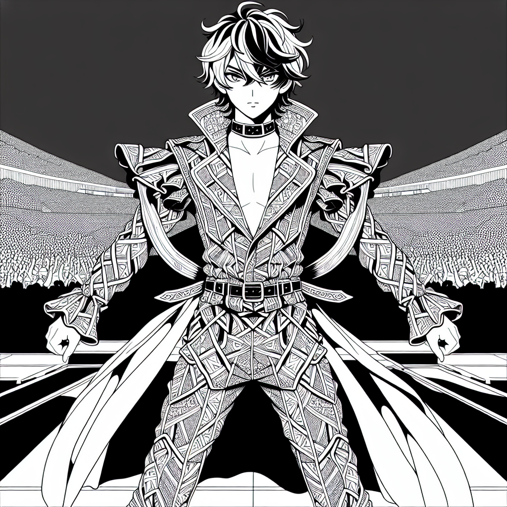 Coloring page of a manga character, performer posing on stage