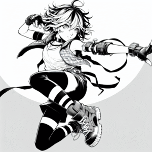 Coloring page of a manga character, performer twirling