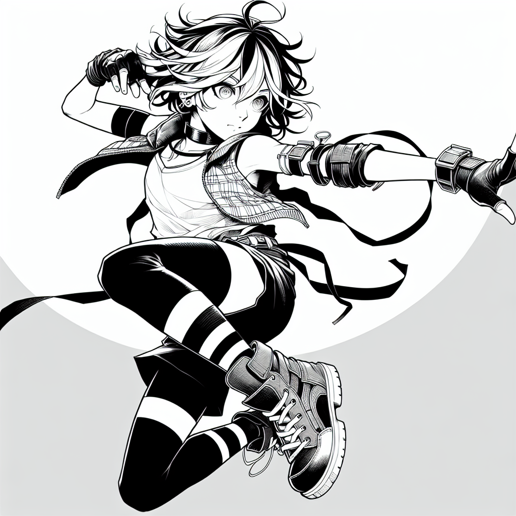 Coloring page of a manga character, performer twirling