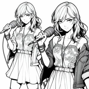 Coloring page of a manga character, rookie holding a microphone