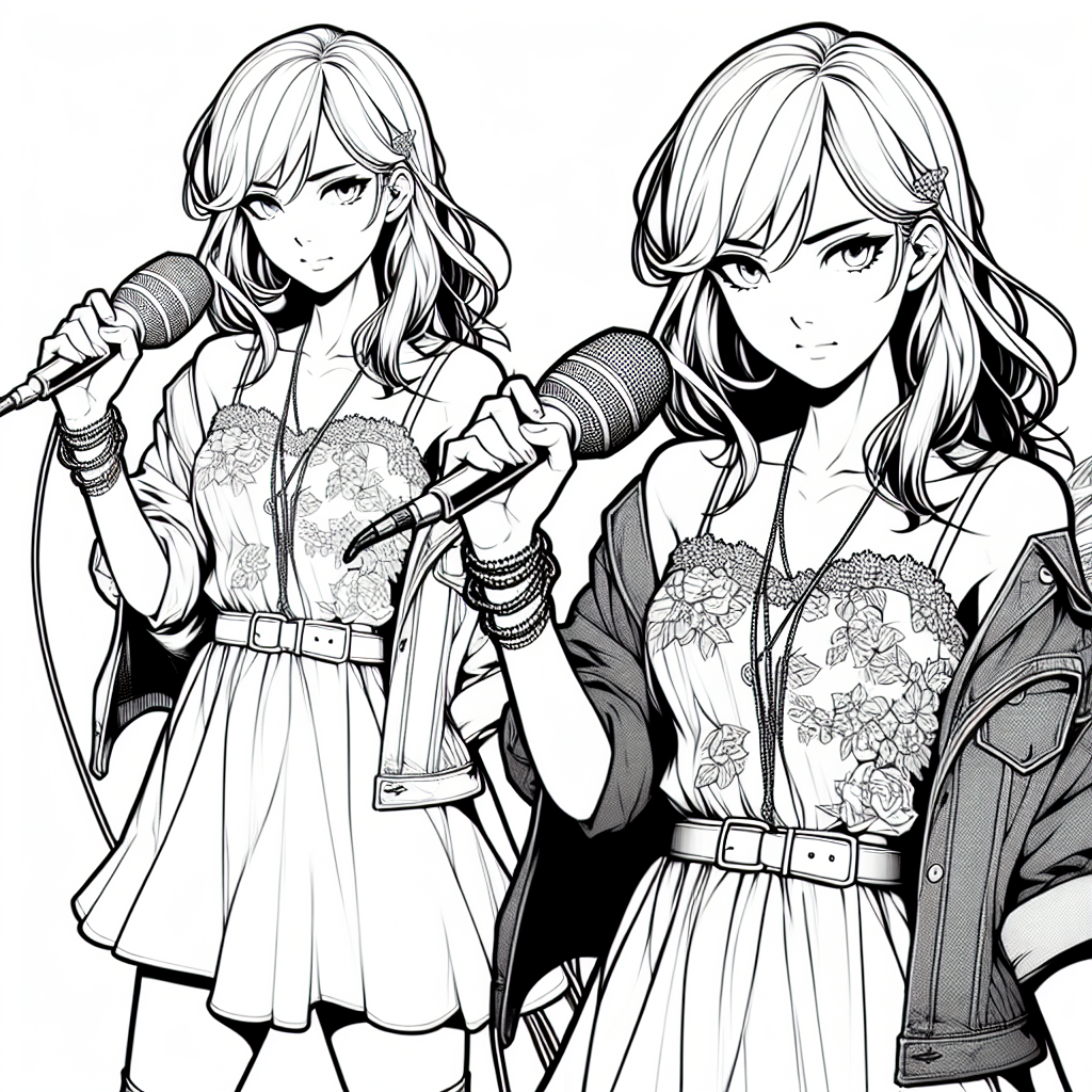 Coloring page of a manga character, rookie holding a microphone