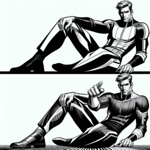 Coloring page of a manga character, visual kneeling dramatically