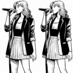 Coloring page of a manga character, vocalist holding a microphone