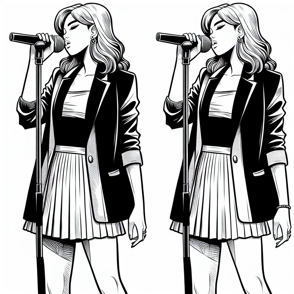 Coloring page of a manga character, vocalist holding a microphone