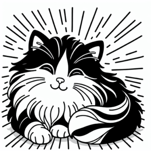Coloring page of a Norwegian Forest Cat cat, curious cat sleeping in a sunbeam