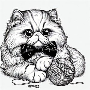 Coloring page of a Persian cat, curious cat playing with yarn