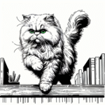 Coloring page of a Persian cat, lazy napper jumping onto a shelf