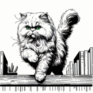 Coloring page of a Persian cat, lazy napper jumping onto a shelf
