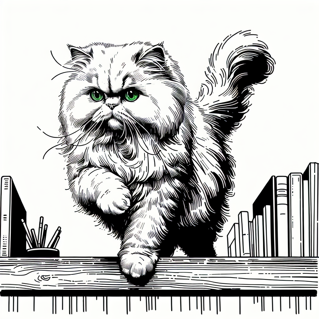 Coloring page of a Persian cat, lazy napper jumping onto a shelf