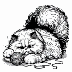 Coloring page of a Persian cat, lazy napper playing with yarn