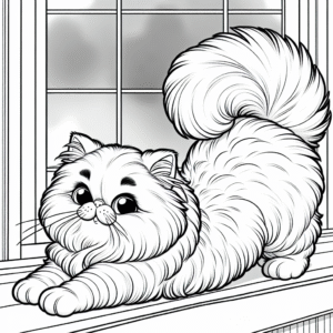 Coloring page of a Persian cat, playful hunter stretching on a windowsill