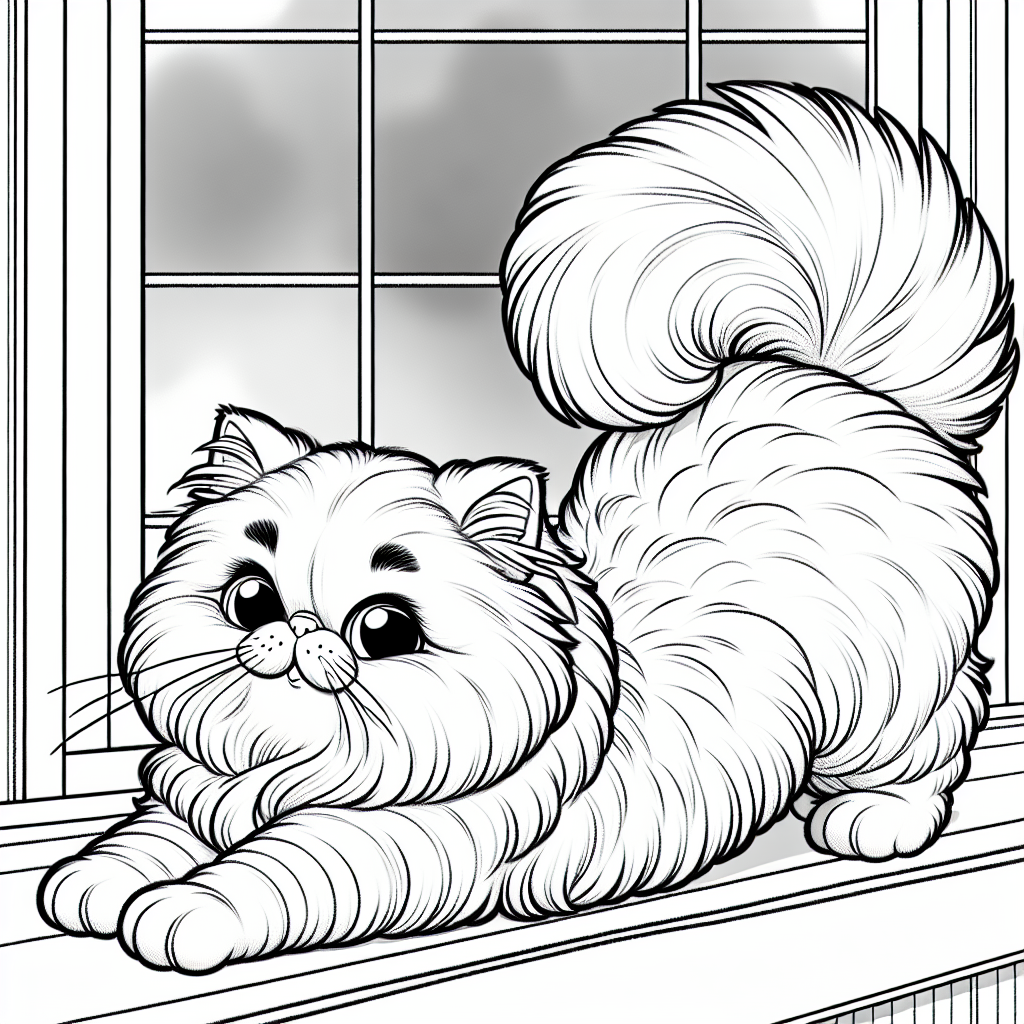 Coloring page of a Persian cat, playful hunter stretching on a windowsill