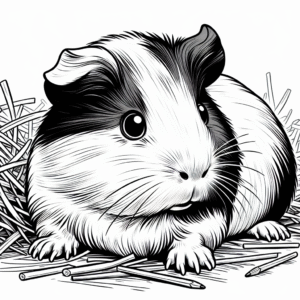 Coloring page of a pet guinea pig, tiny explorer hiding under hay
