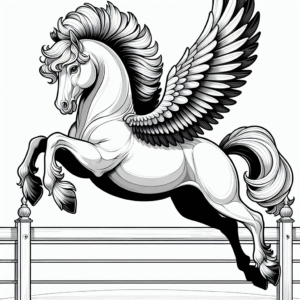 Coloring page of a pony, royal steed jumping over a fence