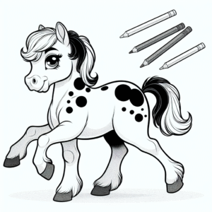 Coloring page of a pony, royal steed trotting in a parade