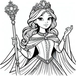 Coloring page of a princess, kind ruler holding a scepter