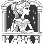 Coloring page of a princess, kind ruler standing on a balcony