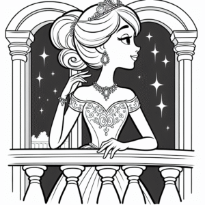 Coloring page of a princess, kind ruler standing on a balcony