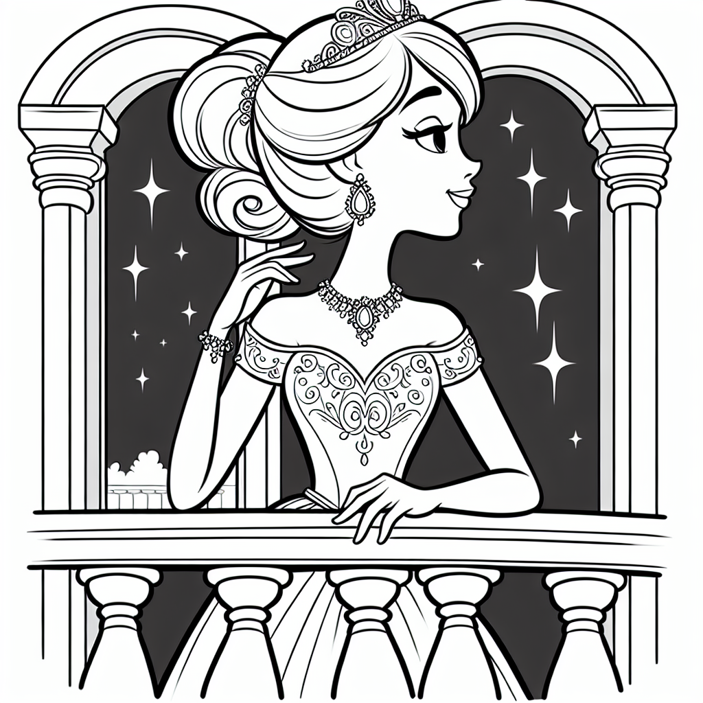 Coloring page of a princess, kind ruler standing on a balcony