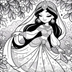 Coloring page of a princess, kind ruler walking in a garden