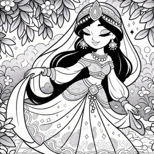 Coloring page of a princess, kind ruler walking in a garden