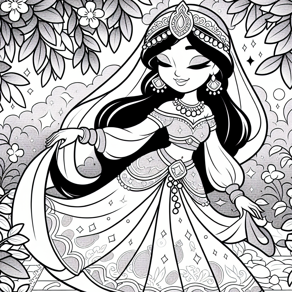 Coloring page of a princess, kind ruler walking in a garden