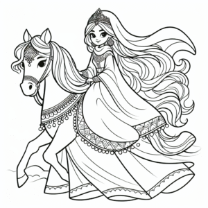 Coloring page of a princess, royal beauty riding a white horse
