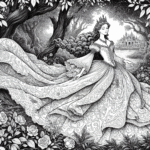 Coloring page of a princess, royal beauty walking in a garden