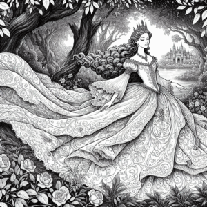 Coloring page of a princess, royal beauty walking in a garden