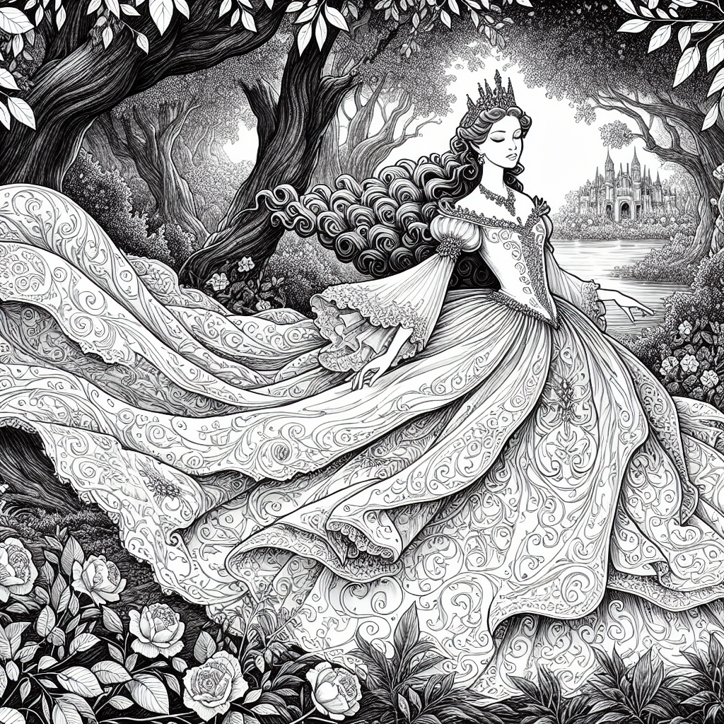 Coloring page of a princess, royal beauty walking in a garden