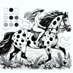 Coloring page of a racehorse, royal steed a woman riding bareback through a meadow