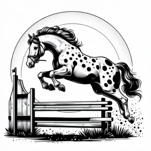 Coloring page of a racehorse, show jumper running at sunset
