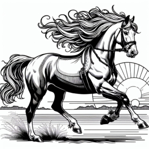 Coloring page of a racehorse, show jumper running at sunset