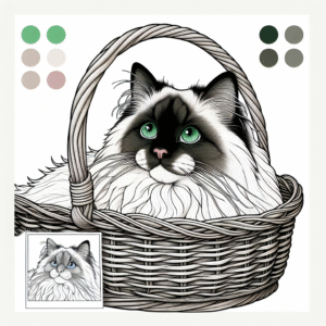 Coloring page of a Ragdoll cat, curious cat curled up in a basket