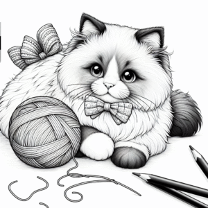 Coloring page of a Ragdoll cat, curious cat playing with yarn