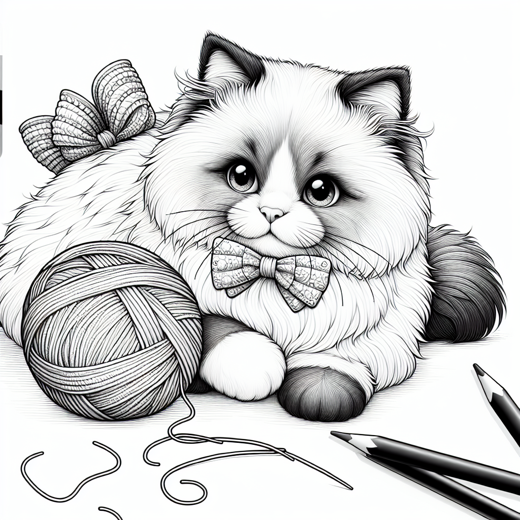 Coloring page of a Ragdoll cat, curious cat playing with yarn