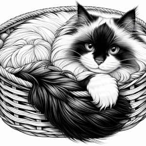 Coloring page of a Ragdoll cat, mischievous kitty curled up in a basket