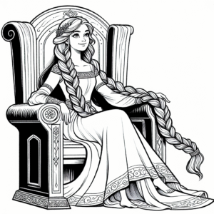 Coloring page of a royal maiden, brave heroine sitting on a throne