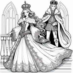 Coloring page of a royal maiden, noble protector standing on a balcony