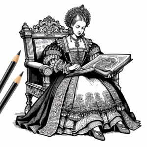 Coloring page of a royal maiden, royal beauty reading an ancient book