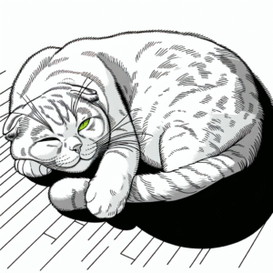 Coloring page of a Scottish Fold cat, curious cat sleeping in a sunbeam