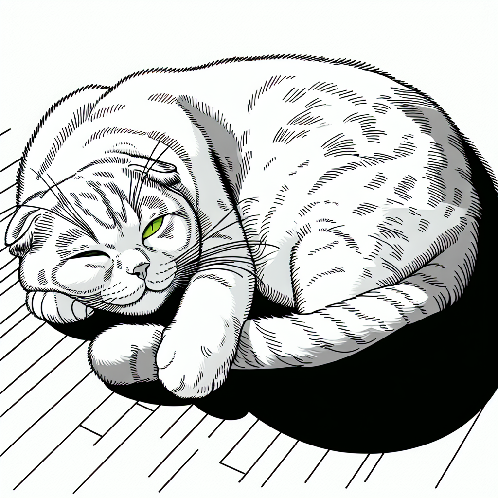 Coloring page of a Scottish Fold cat, curious cat sleeping in a sunbeam